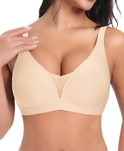 Ganado Sujetador sin Aros Mujer Sujetadores Encaje sin Costuras Bralette Básicos Cuello V Profundo, Beige, L