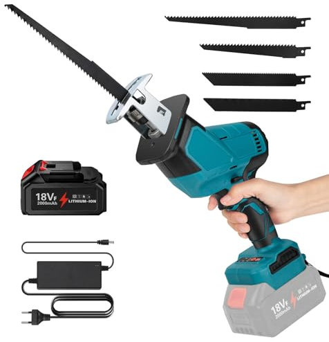 Scie Sabre sans fil pour18V Batterie, Scie Electrique sans Fil (moteur sans balais) avec 1Pcs Batterie et Chargeur, avec 4 Lames, pour la coupe du PVC/bois/métal