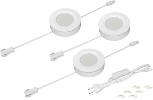 WOBANE Unterbauleuchte Küche LED,3 Stück Schrankleuchten mit Stecker & Schalter,LED Einbauleuchten 230V Erweiterbar,Heller küchenbeleuchtung für Schrank,Vitrine,Regal,Neutralweiß 4000K,8,5W,750lm,Rund