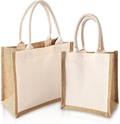 Jute-Tasche, 2 Stück Personalisiert Jutetasche Shopper, Wiederverwendbare Kleine Oder Mittlere Größe Geschenk-Tasche Jute-Beutel mit Griffen, Einkaufstasche Aus Jutetasche zum Einkaufen, Jutetasche
