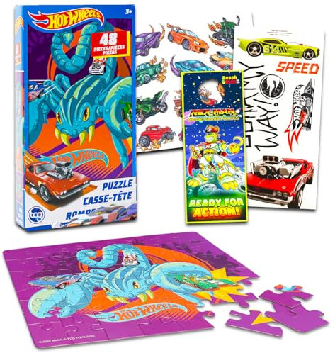 Hot Wheels Puzzle für Kinder Set - Hot Wheels Geschenkpaket mit Hot Wheels Puzzle, Abziehbildern, Tattoos, mehr | Hot Wheels Puzzles für Kinder im Alter von 4-8 Jahren (Stile können variieren)