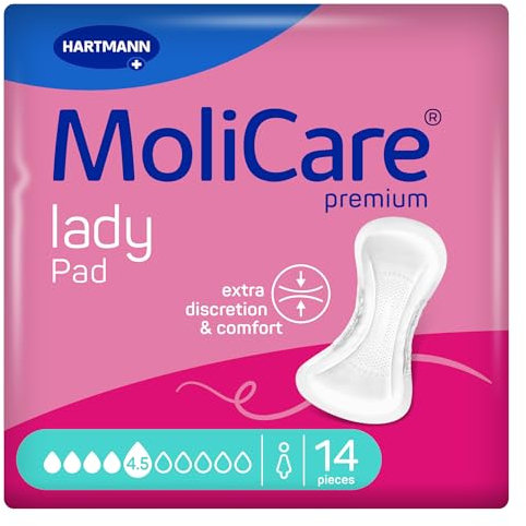 MoliCare lady Pad 4,5 gocce extra lunghe per incontinenza per donne con lieve debolezza della vescica, neutralizzatore di odori, protezione extra contro le perdite, protezione avanzata della pelle, 14
