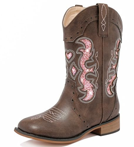 LAURMOSA Girls Cowboy Boots Western Cowgirl Sparkle Dress Cowboy Boots Size 1 for Girls Brown Square Toe Embroidered Kids Horseback Riding Shoes Party Dance(L1050BrownPink 1)