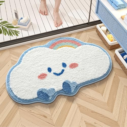Trlyane Tappeto da Bagno Nuvole, Tappetino Assorbente Antiscivolo Doccia, Soffice Lavabile in Lavatrice per Vasca e bagno Zerbino Ingresso (Blu, 50x80cm)