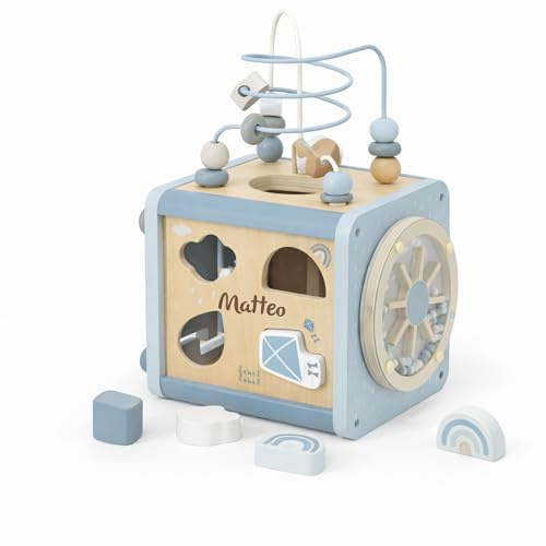Mainely Motorikwürfel aus Holz personalisiert – Blau – Spielzeug ab 12 Monate – Geschenk für Babys & Kleinkinder