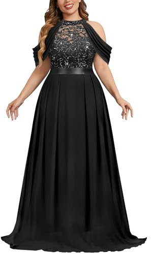 MISSMAY Women's Plus Size Elegant Halter Neck Lace Sequin Chiffon Wedding Guest Evening Maxi Dress