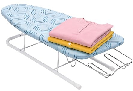 Relaxdays strykbräda för bord, 76 x 30,5 cm yta, blå/vit | utdragbar strykjärnshållare, hopfällbar