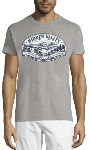 Scenic Mountain Valley med vattenfall utsikt rund hals bomull herr t-shirt grå