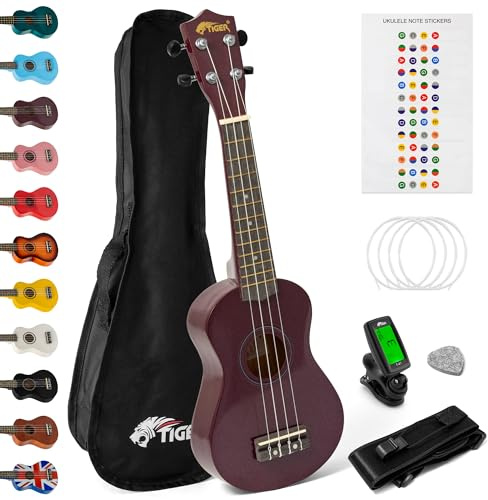 TIGER UKEKIT-PP - El pack de ukelele soprano para principiantes incluye afinador cromático, correa, estuche, juego de cuerdas de repuesto, color morado