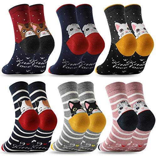 MOCOCITO Chaussettes Femme 6 Paires Chatte Fille Fantaisie Chaudes【35-42, Multicolore】