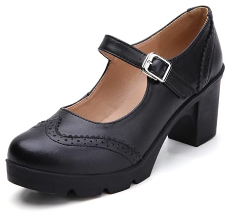DADAWEN Women's Mid Block Heel Court Shoes Platform Mary Jane Pumps Dress Oxfords Shoe Black 3 UK
