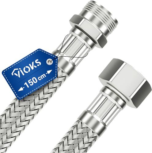 Tuyau flexible VIOKS en acier inoxydable de 150 cm avec raccord 1/2 et filetage extérieur - Tuyau d'eau potable - Argenté - 1 pièce