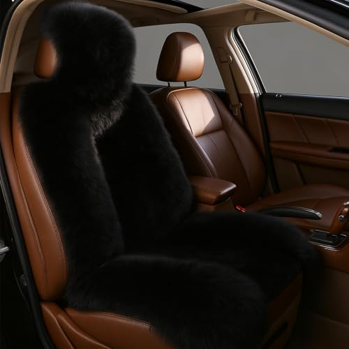 Gracefur Autositzbezug aus Schaffell, aus echter Wolle, Flauschiges Fell, Vordersitzbezüge, passend für Autos, LKWs, SUVs oder Transporter (schwarz)