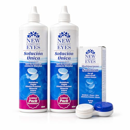 NEW COMFORT EYES Solución Única para Lentes de Contacto – Pack Ahorro 2+1 (2x360ml + 1x60ml) – Limpia, Desinfecta e Hidrata – Con Portalentillas – Para Todo Tipo de Lentes