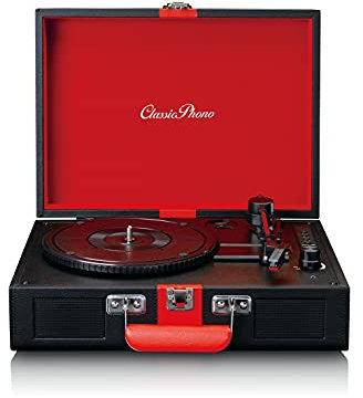 Classic Phono by Lenco TT-110 Turntable | Retro Suitcase Record Player With Bluetooth Reception and Built in Speakers | Black and Red