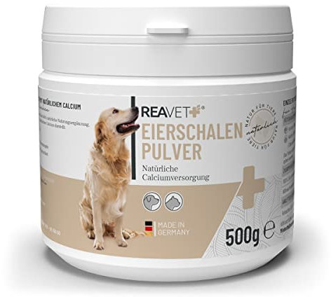 Poudre de Coquille d'œuf ReaVET Chien & Chat 500g - Source Naturelle de Calcium pour des os et des Dents sains, Poudre de Coquille d'œuf pour Chiens et Chats, additif Barf