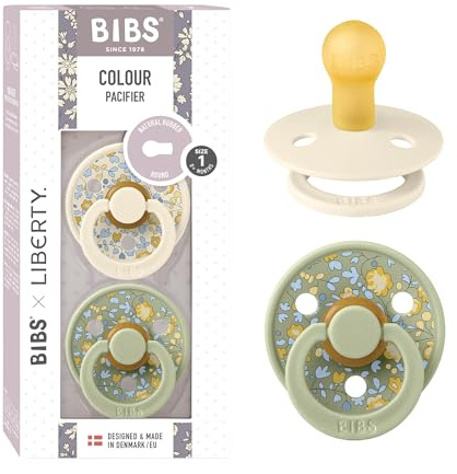 BIBS Liberty Dummies | 2 Colour Natural Rubber Latex Soothers | BPA Free Dummy | Round Nipple Pacifier | Designed & Made in Denmark | Eloise Sage | Size 1 | 0+ Months
