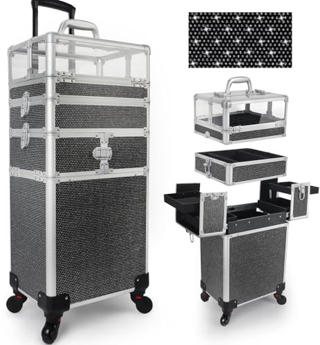 CHUANGJIN 4 in 1 Rolling Makeup Train Case Professional Cosmetic Trolley Cart Travel Nail Cart Organizer with Wheels Transparent Acrylic Panel for Makeup Hair Stylists Nail Tech, Crystal Black,