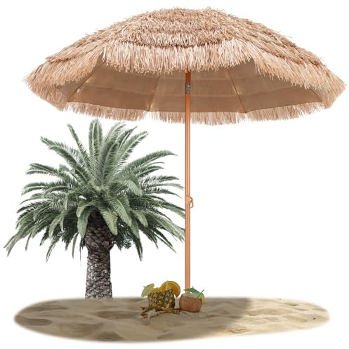 RELAX4LIFE Parasol Plage Tropicale Φ220 CM, Parasol Exotique Paille Hawaïen 8 Baleines Inclinable pour Balcon Patio Balcon