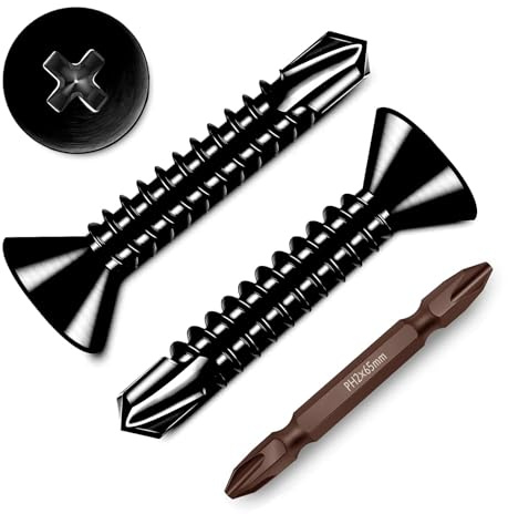 Dayalo 50 tornillos autorroscantes de chapa de 4,8 x 25 mm, negro, cabeza plana, tornillos autorroscantes, acero inoxidable, tornillos de metal, ranura en cruz con broca