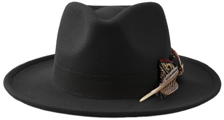 YJZQ Cappello Fedora con bordi larghi e piatti, cappello in feltro, forma campana, da uomo, berretto Trilby per cavaliere e jazz gentiluomo (56-58 cm), Nero , 56/58 cm