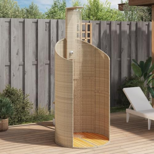 Refined Outdoor Dusche mit Lattenboden Stahlrahmen Terrassendusche für Pool Schwimmbad Gartenmöbel Terrassenmöbel Gartendusche Beige 100x100x241,5 cm Poly Rattan Akazienholz