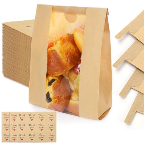 130 Pack Homemade Bread Sourdough Bags, 14 x 8.3 x 3.5 Large Paper Bread Bag with Tin Tie Tab Lock Clear Front Window Stickers for Bakery Storage Mothers Day Gifts