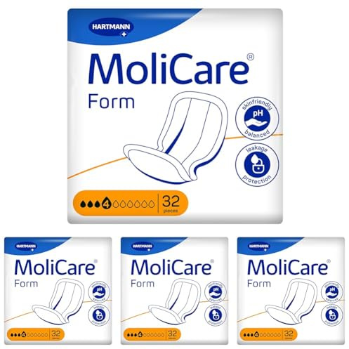 Molicare Form 4 Tropfen, für leichte Inkontinenz: hohe Sicherheit, extra Auslaufschutz und Diskretion für Frauen und Männer, zu verwenden mit MoliCare Premium Fixpants, 32 Stück (Packung mit 4)