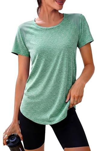 Crewhpo Tee Shirt Sport Femme Manches Courtes Col Rond Dos en Mesh Doux | Tissu Doux et Respirant, Dos et Épaules en Mesh, Coupe Ample, Protection Solaire pour les Activités Extérieures