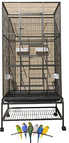 70 Extra Large Bird Parrot Flight Breeder Cage Side Breeding Nest Box Door Double Feeder Cups Easy Pull Out Metal Grate and Washable Tray with Removable Rolling Stand