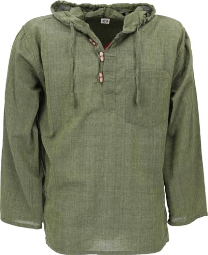 GURU SHOP Nepal skjorta, Goa hippie-tröja, yogabyxor, slip-tröja med huva, herr, OLIV, L
