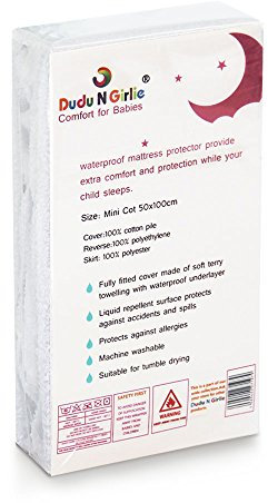 Dudu N Girlie Mini Cot Mattress Protector Waterproof 50 x 100 -Space Saver Cot Mattress Protector- Mattress Cover for Baby Breathable and Non-Noisy Anti-Bacterial and Fully Fitted.