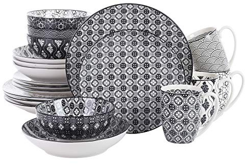 vancasso Haruka Piatti servizio 20 pezzi Stile Giapponese in Premium Porcellana con 4 Piatti Piani 4 Piatti Fondi 4 Tazze da Tè Mug 4 Scodella Ciotole per Cereali 4 Piatti Frutta