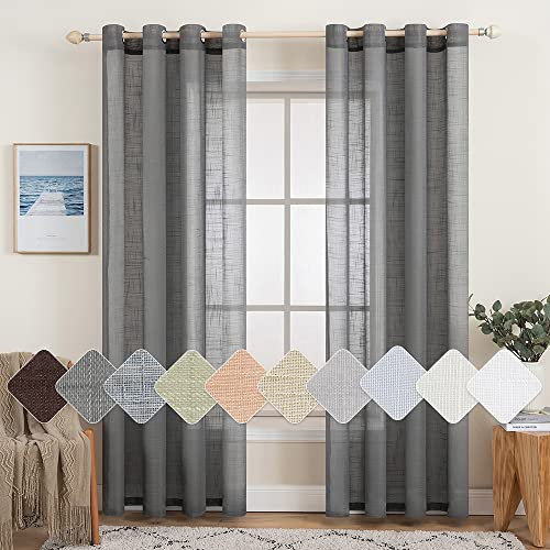 MIULEE 2er Set Voile Vorhang Sheer Leinenvorhang mit Ösen Transparente Leinen Optik Gardine Ösenschal Wohnzimmer Fensterschal Lichtdurchlässig Dekoschal Schlafzimmer 140x260cm (B x H) Dunkelgrau