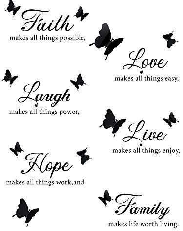 6 Pièces Autocollant Mural Faith Hope Love Laugh Family Live Autocollants de Mur de Motivation avec 12 Pièces 3D Autocollants de Papillon Autocollants de Citations Inspirantes pour Bureau Maison