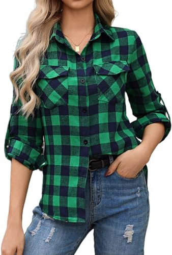 Aottori Camicetta Donna Quadri Elegante Camicia in Cotone Blusa a Maniche Lunghe Camicie Scozzese Flanella vestibilità Classica Verde S