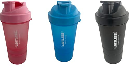 SHINE 2 PACK PROTEIN BOTTLE SHAKERS WITH TIGHT LIDS FOR SPORTS AND FITNESS with compartments (3 PACK, PINK,BLUE,BLACK)