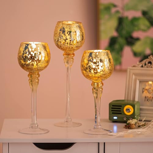 Romadedi Teelichthalter Kerzenständer Glas Gold - Windlicht Kerzenhalter Deko Quecksilber 3er-Set 23,5/25,5/31,5 cm für Teelichter Votivkerzen Kerzen Hoch, Wohnzimmer Tischdeko Hochzeit