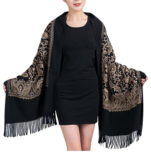 GFM® Broderad kashmirtextur ull pashminasjal - höst-vinter -julklapp (EMBSHL-B), 4-kl-svart, L