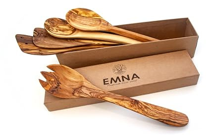 EMNA - Set de cuisine en bois d'olivier 5 pièces | Le cadeau parfait pour les gourmets exigeants | Coffret cadeau | Touche d'élégance pour les gourmets culinaires | Fabriqué à la main | moments de