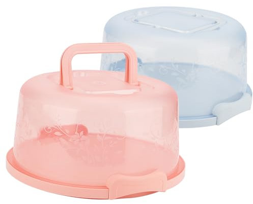 JIEHIN 2 Stück Plastik Kuchen Transportboxen Set, 26cm Rund Kuchenbehälter mit Deckel, Kühlung und Griff, abschließbare Schnalle Tortenbox, Tortenbehälter Tortenhaube Kunststoff, Blau + Rosa