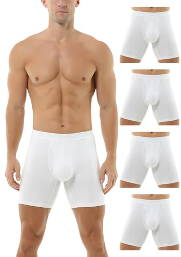 Hoerev Pack of 4,Men's Trunk Long Leg Underwear Comfortable and Breathable Boxers,White,L