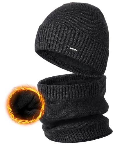 Wmcaps Winter Fleece Gefütterte Mütze und Halswärmer Set für Männer Frauen, Dicke Weiche Gemütliche Strickmützen Schal Set, Elastische Cuffed Plain Wintermütze Outdoor Aktivitäten Geschenk, Dunkelgrau