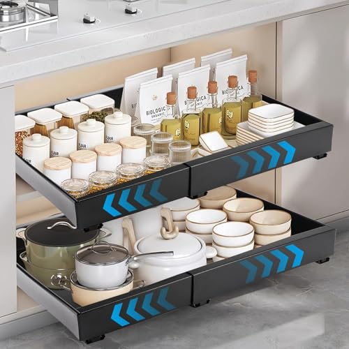 Farerkass Cajón Telescópico, Cajón Deslizante para Cocina, No Requiere Perforación Organizador Cajones, Cajones Extensibles, Ancho Ajustable 32-52cm, para Cocina Baño Sala de Estar Negro