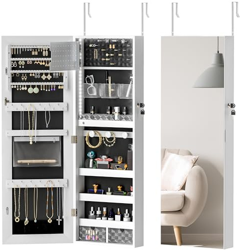 HOMCOM Jewellery Cabinet with LED Lights, Door Hanging or Wall Mounted Full Length Mirror with Storage, Lockable Jewellery Organiser, White Surface and Black Lining