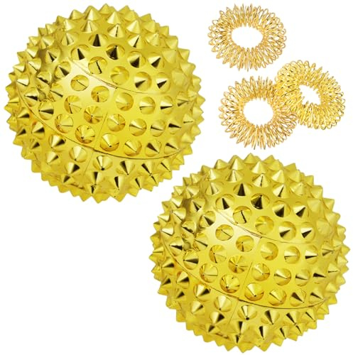 URAQT 2-delat magnetiskt massagebollset med 3 massageringar, handakupunkturboll för fysioterapi, 47 mm hälsomagnetisk massageboll och fidgetring för stresslindring av spända muskler (guld)
