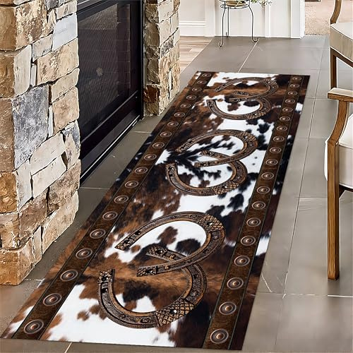 PDENZG Western Rugs for Hallway,60x120cm, Aztec Native American Rugs,Boho Western Decor Carpet, Southwestern Rustic Horseshoe Brown Cow Print Runner Rug,for Kitchen Dining Room Non Slip Cowhide Rug