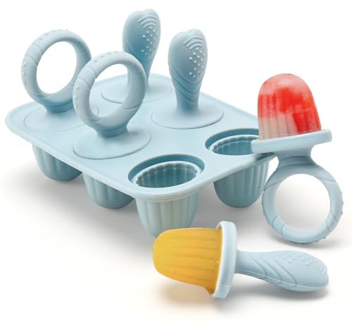 6 Mini Moule à Glace Bébé Réutilisable, 6 Pochons en Silicome Alimentaire Sans BPA, Moules à Popsicle Enfant avec Bâtonnets, Compatible Lave-vaisselle, pour Popsicles, Crèmes Glacées, Sorbets (Bleu)