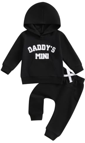 LUVCES Ropa Bebés Niño Estampado Letras Manga Larga Sudadera con Capucha Tops + Elástica Cintura Pantalones 2 Piezas Conjunto de Trajes Set Daddy's Mini Negro 9-12 Meses