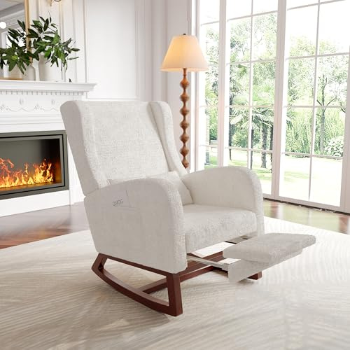 Fauteuil à bascule avec repose-pieds, chaise à bascule moderne avec pieds en bois massif, chaises coulissantes pour chambre d'enfant avec poches latérales, fauteuil à bascule pour salon